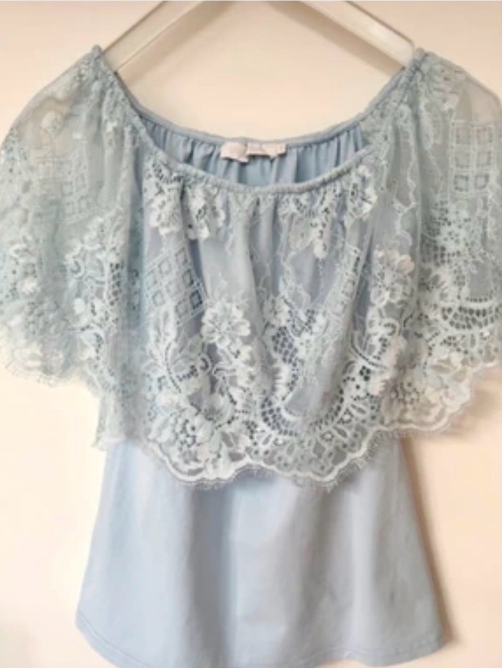 Anne Fontaine Light Blue Off-the-Shoulder Lace Overlay Top Sz 38